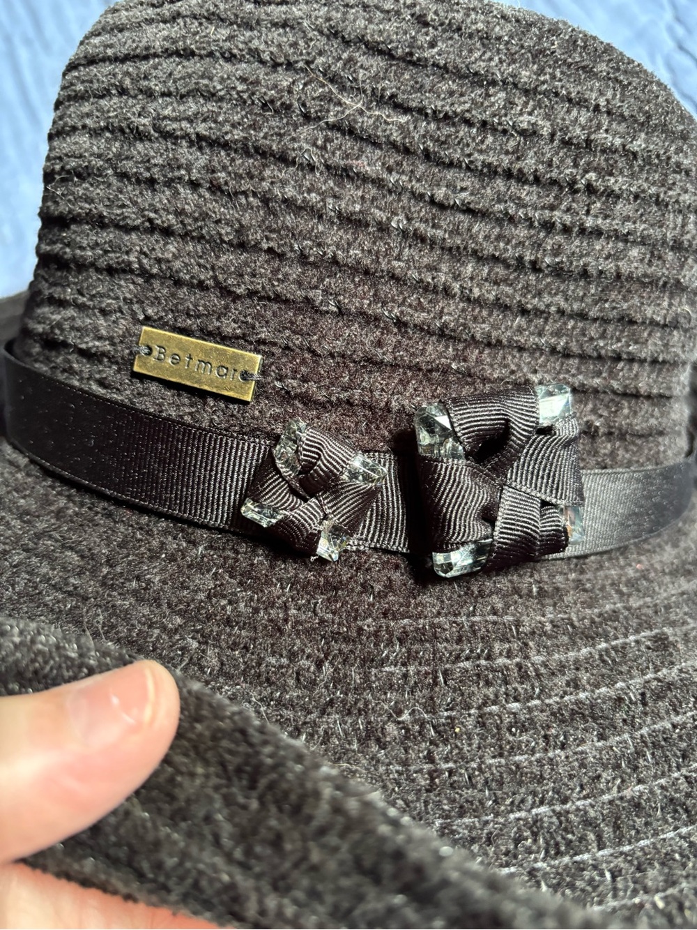 Women’s Betmar New York Black Fedora Hat Grosgrain Ribbon Embellished Unique